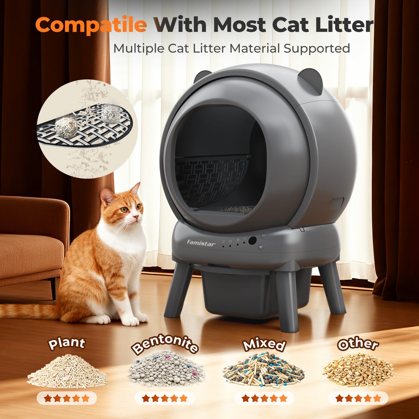 Famistar All-In-One Smart Self-Cleaning Cat Litter Box (100+15L Large), Mat & 2-roll set of Liners included  – Automatic, App-Controlled & Safe for Kittens