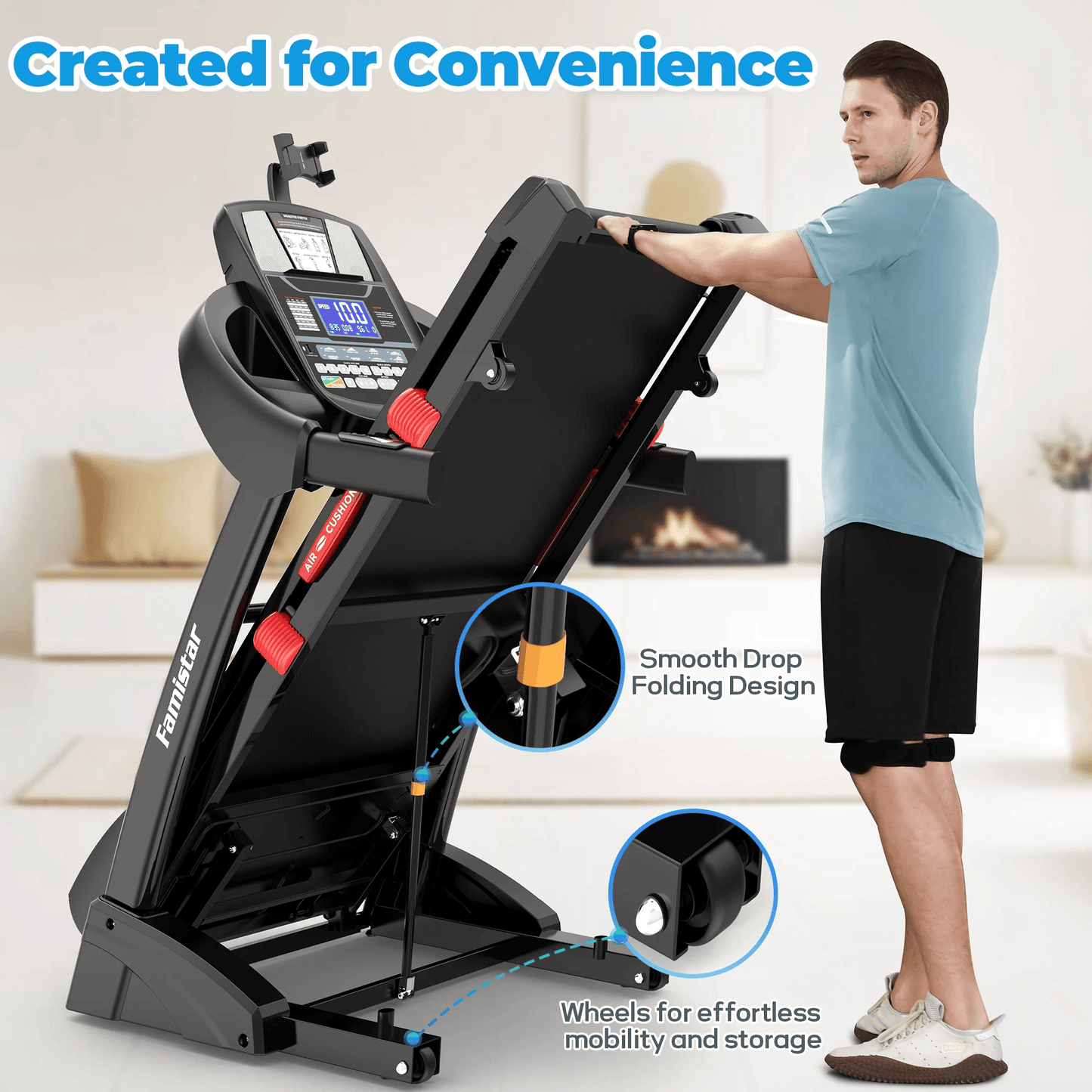 Folding Electric Treadmill for Home Gym – Portable Running & Walking Machine with Adjustable Incline, Smart APP Control, 64 Workout Programs, 300 lb Capacity, Bluetooth Speakers, 7.5MPH Speed