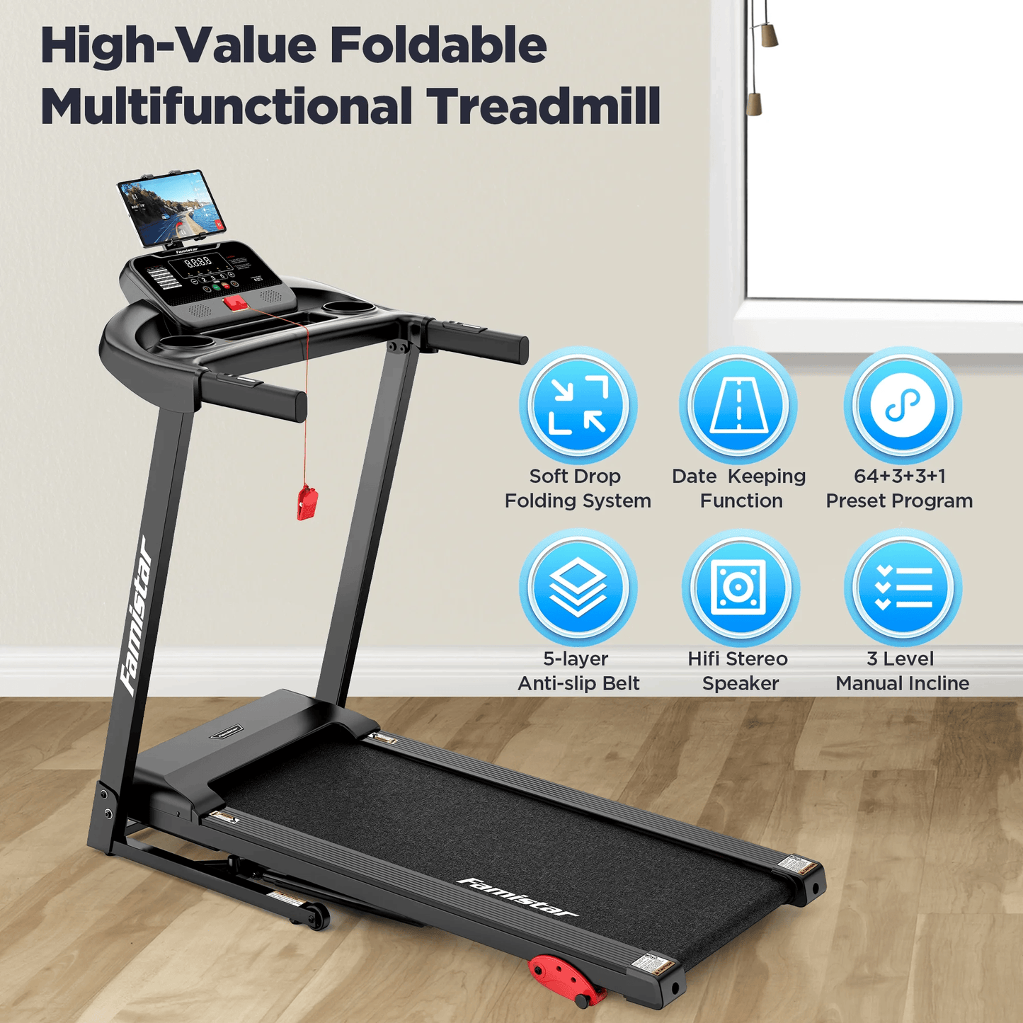 Smart Folding Treadmill for Home – Famistar Portable Electric Running Machine with Adjustable Incline, Bluetooth Speakers, APP Control, 64 Workout Programs, 300 lbs Capacity, Up to 7.5 MPH for Walking, Jogging & Running