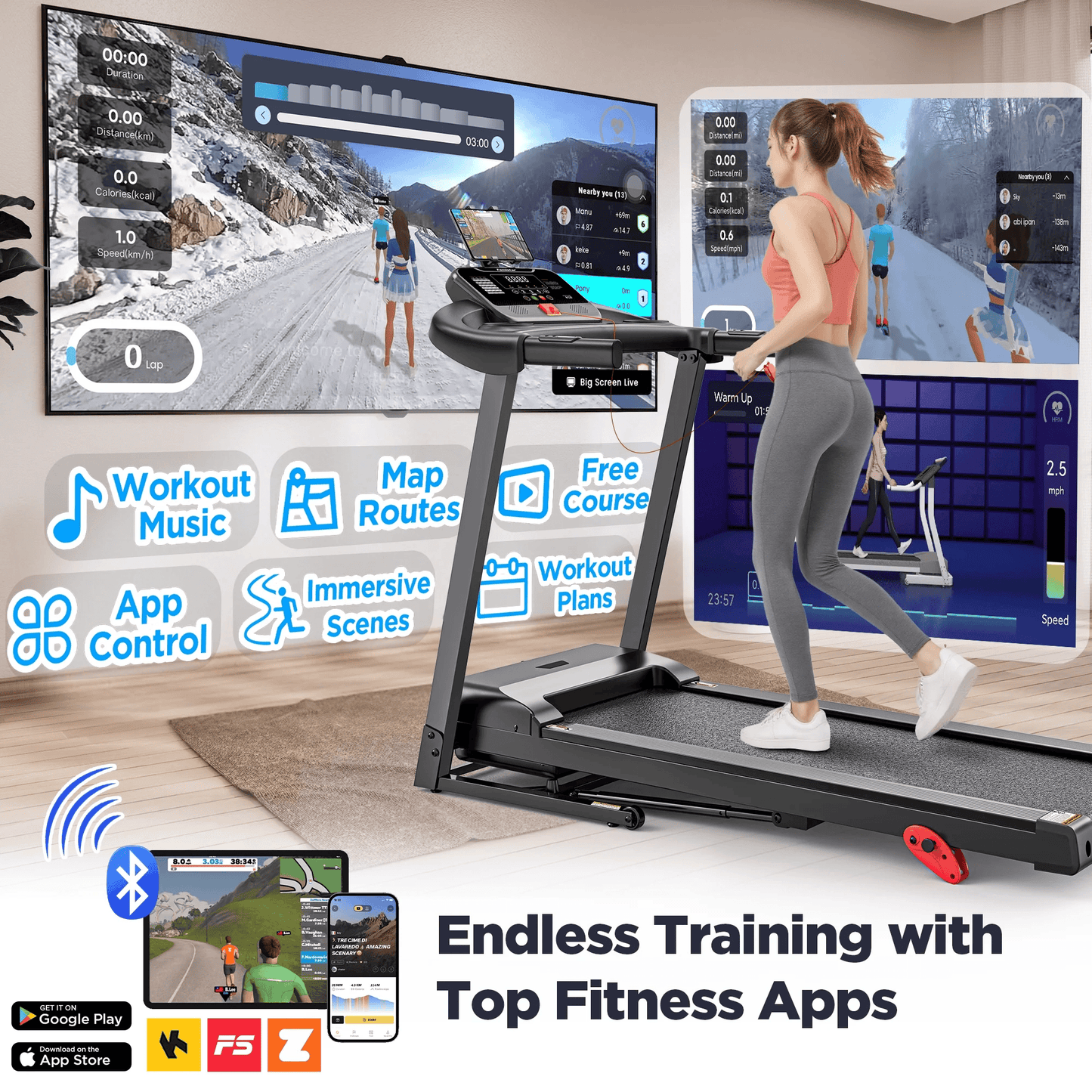 Smart Foldable Treadmill for Home with Adjustable Incline, APP & Bluetooth, 64 Workout Programs, 300 LBs Capacity | Famistar Portable Electric Running & Walking Machine