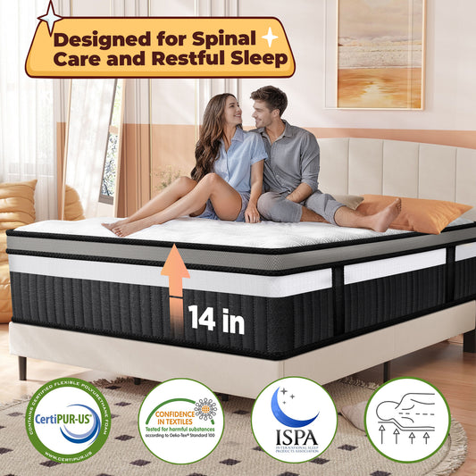 Queen Size Mattress, Famistar 14 Inch Memory Foam Mattress in a Box, Individual Innerspring hybrid Queen Bed Mattress, Medium Firm, CertiPUR-US Certified