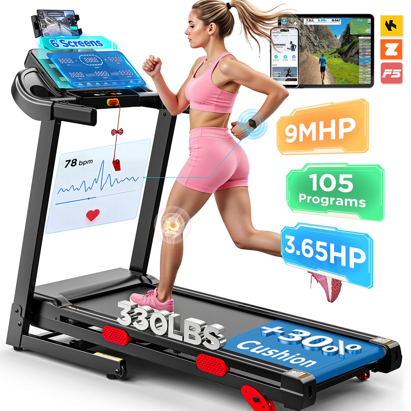 3.65HP 9MPH Treadmill for Home, 330LBS Capacity, Folding Treadmill w/ Incline & 105 Programs, Virtual Run with APP Control, Air damping System, Portable Exercise Equipment for Jogging Walking