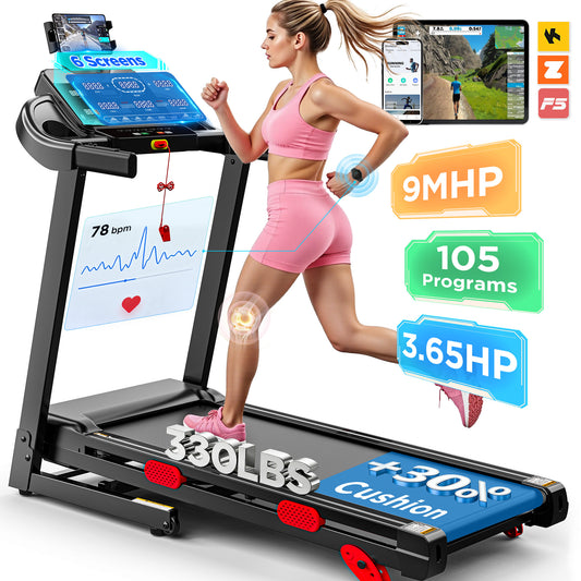 3.65HP 9MPH Treadmill for Home, 330LBS Capacity, Folding Treadmill w/ Incline & 105 Programs, Virtual Run with APP Control, Air damping System, Portable Exercise Equipment for Jogging Walking