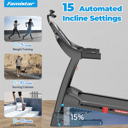 Famistar Heavy-Duty 4.9HP Treadmill – 15-Level Incline, Foldable Design, Shock Absorption, 300LB Max Weight