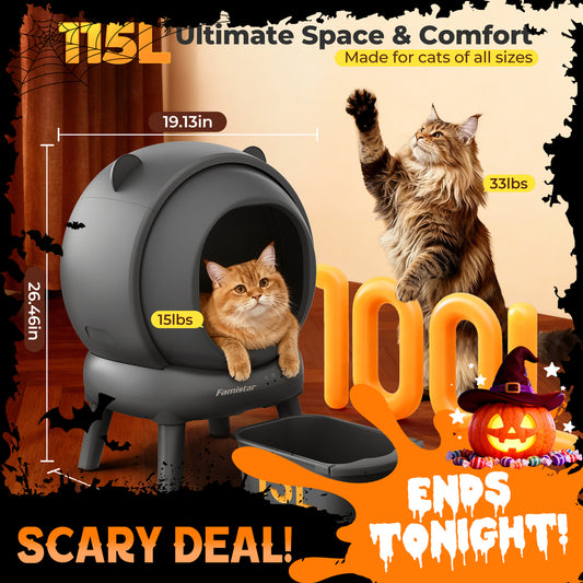 Famistar Smart Self-Cleaning Cat Litter Box large 100 + 15 L capacity bundle with mat & 2 rolls of litter box bag replacenment for waste drawer liners perfect for Halloween gift claim Black Friday mega-discount