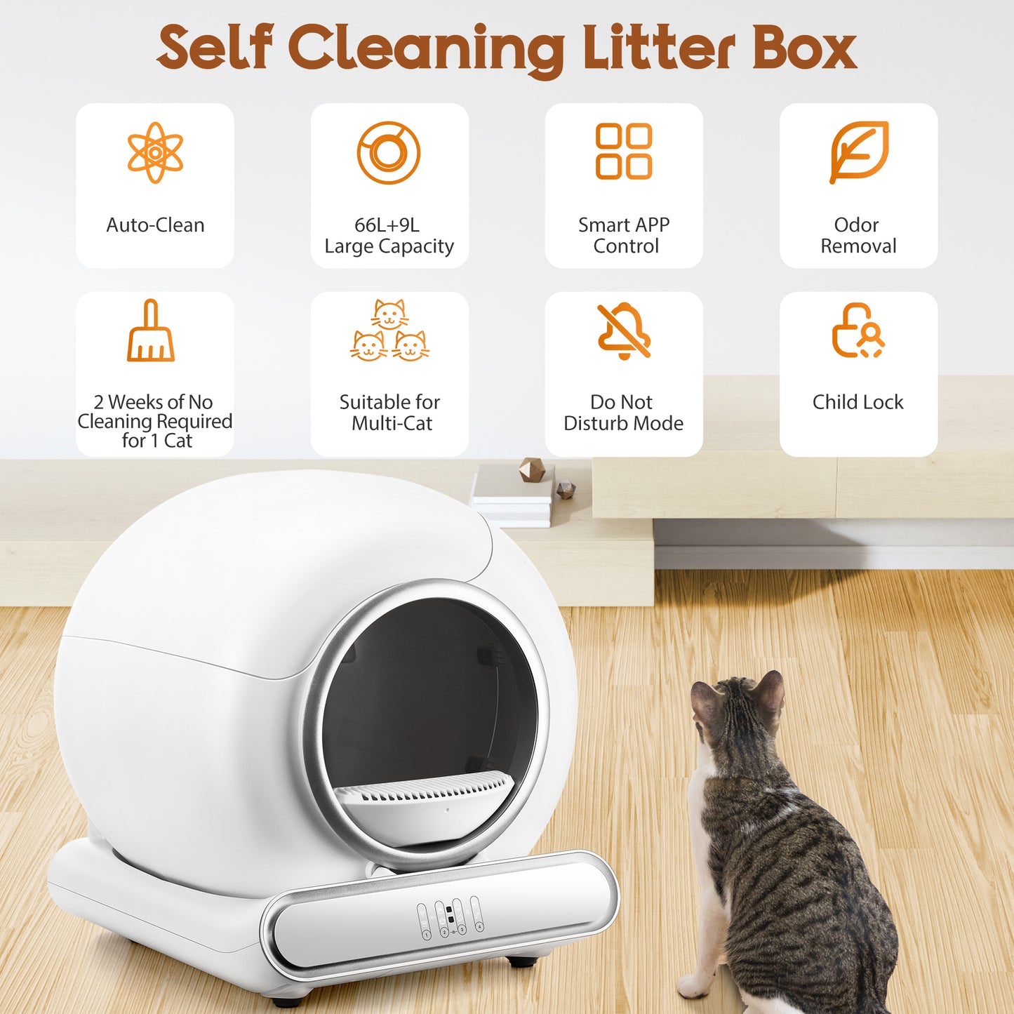 Self Cleaning Cat Litter Box, Automatic Cat Litter Box with APP Control and Odor Removal Robot with Liner, 2.4G Wifi App Control, Sensor Safety Protection for Multi Cats