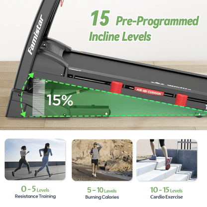 Famistar 5.0HP Smart Folding Treadmill for Home – 15% Auto Incline, 10MPH Speed, Bluetooth Speakers, 300 lbs Capacity, Compact Electric Running Machine with Knee Strap Gift