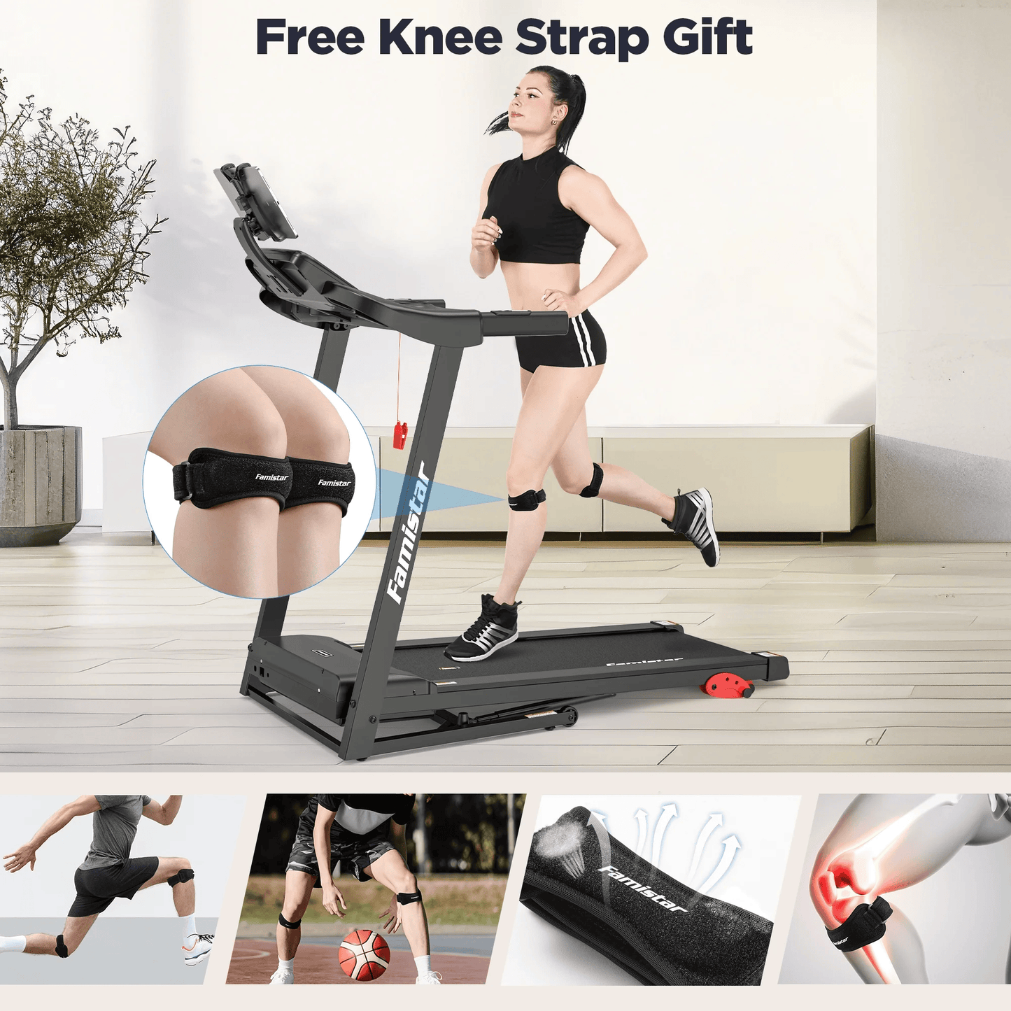 Smart Foldable Treadmill for Home with Adjustable Incline, APP & Bluetooth, 64 Workout Programs, 300 LBs Capacity | Famistar Portable Electric Running & Walking Machine