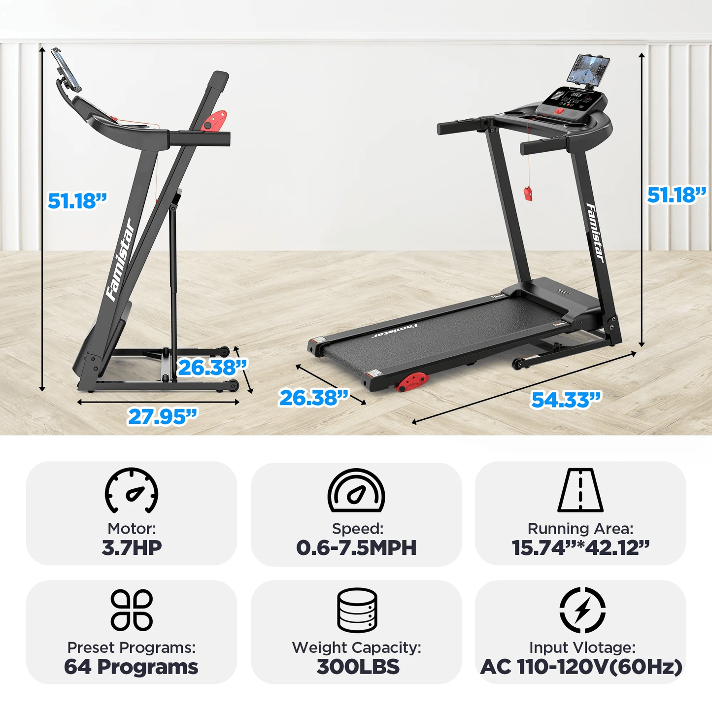 Smart Folding Treadmill for Home – Famistar Portable Electric Running Machine with Adjustable Incline, Bluetooth Speakers, APP Control, 64 Workout Programs, 300 lbs Capacity, Up to 7.5 MPH for Walking, Jogging & Running