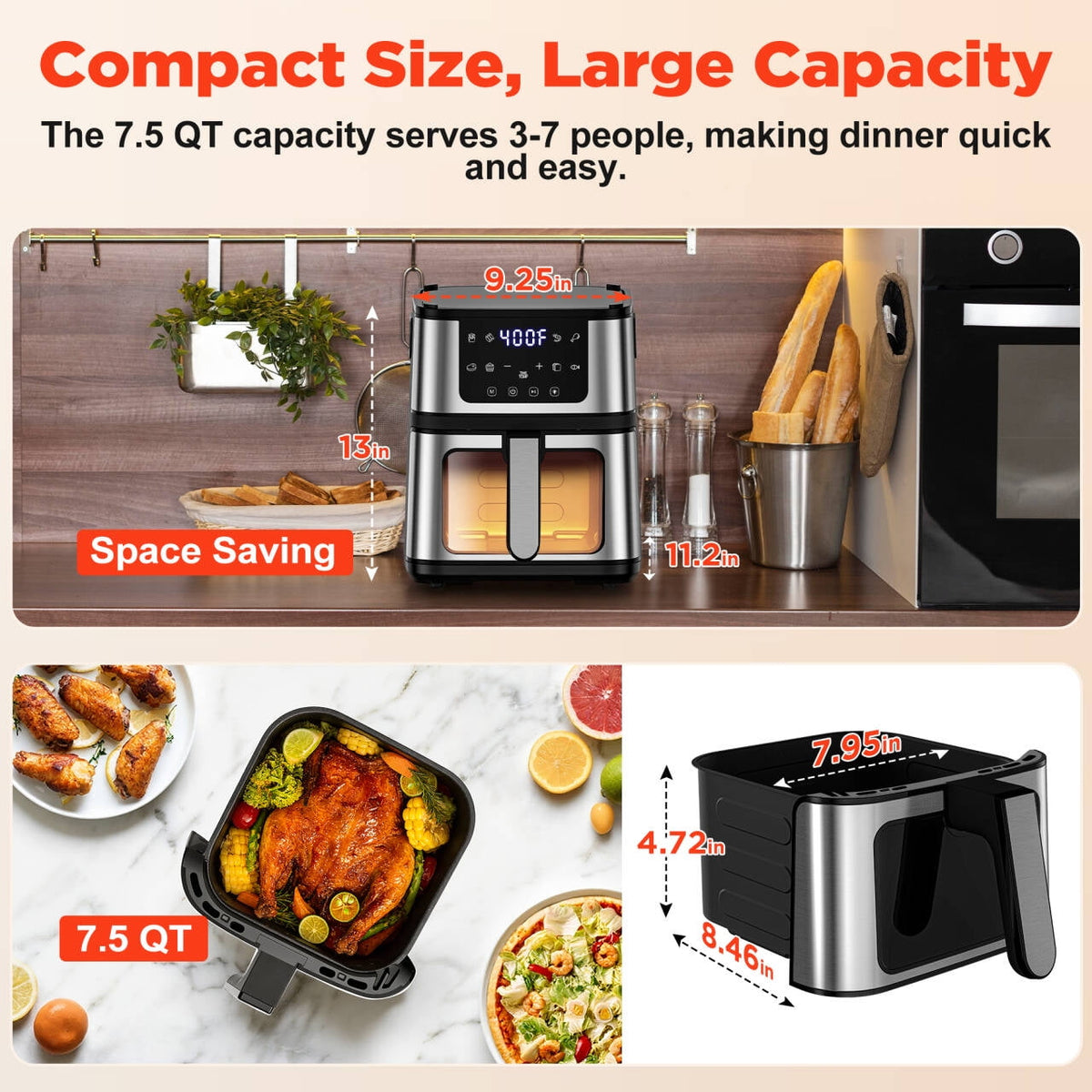 Famistar Air Fryer Oven With Grill,8-in-1 7.5Qt Multifunction Air Fryer, Digital LED Touch Screen,Nonstick Dishwasher-Safe Basket,95% Less Oil,100Pcs Liner