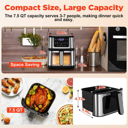 Famistar Air Fryer Oven With Grill,8-in-1 7.5Qt Multifunction Air Fryer, Digital LED Touch Screen,Nonstick Dishwasher-Safe Basket,95% Less Oil,100Pcs Liner