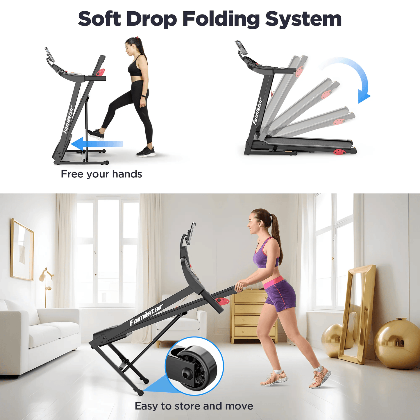 Smart Foldable Treadmill for Home with Adjustable Incline, APP & Bluetooth, 64 Workout Programs, 300 LBs Capacity | Famistar Portable Electric Running & Walking Machine