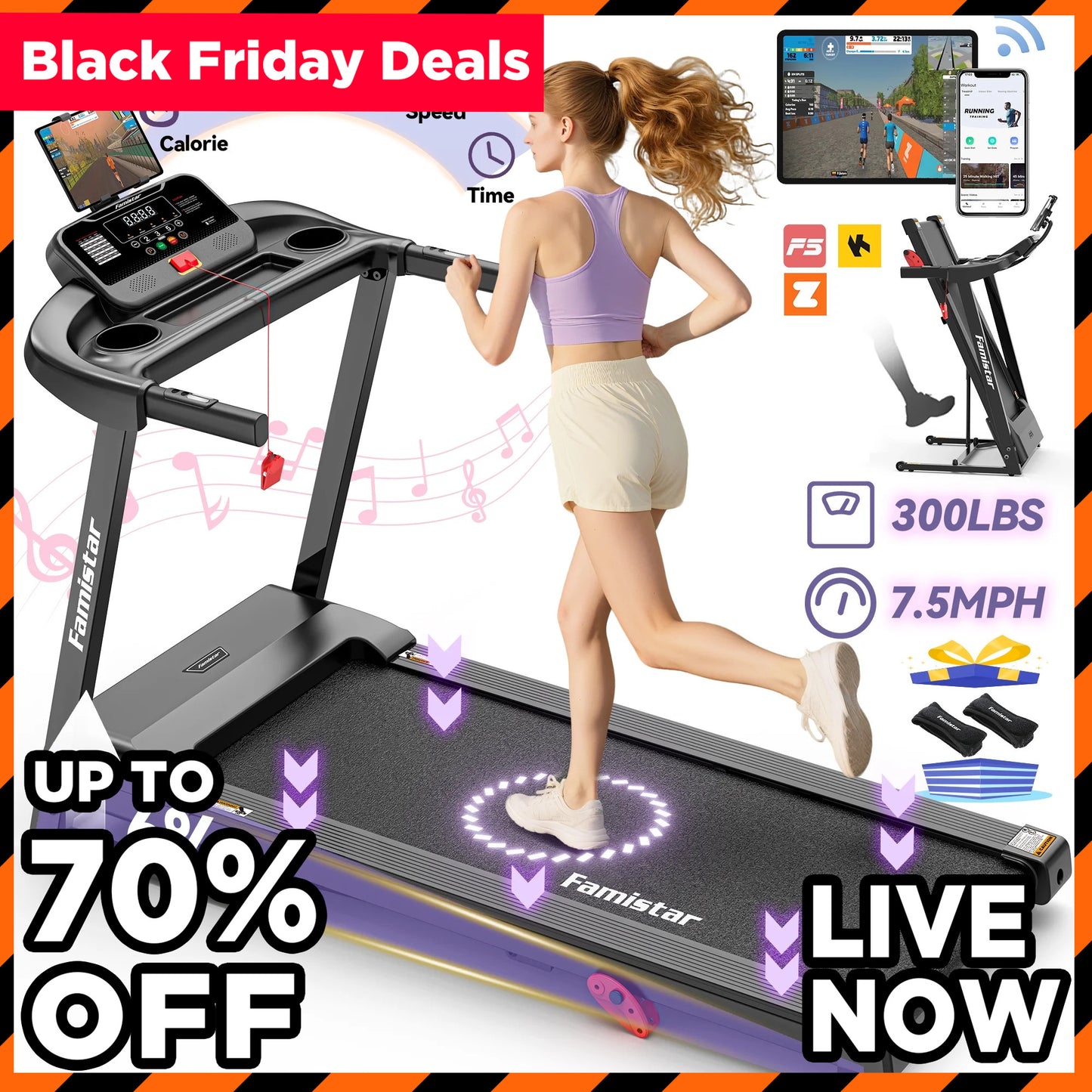 Famistar Folding Treadmill with Incline & App Control – Compact 2.6HP Electric Running Machine for Home, 7.5MPH Speed, 301 lbs Capacity, HiFi Bluetooth Speakers