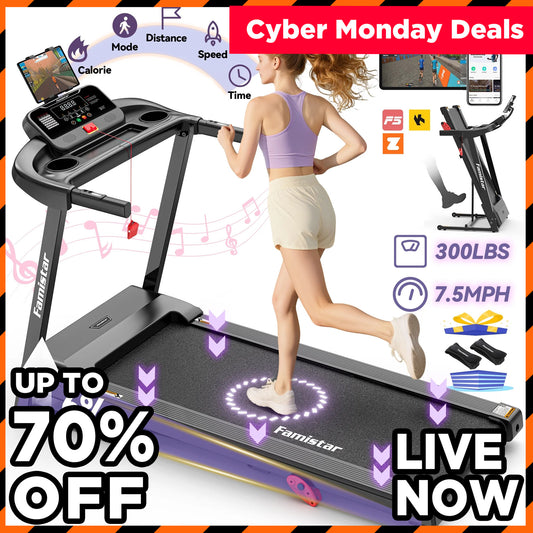 Cyber Monday Deals |   Famistar Folding Treadmill with Incline & App Control – Compact 2.6HP Electric Running Machine for Home, 7.5MPH Speed, 301 lbs Capacity, HiFi Bluetooth Speakers
