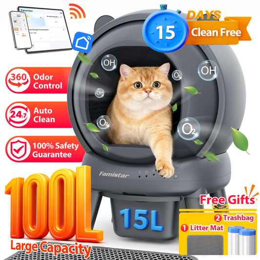 Famistar 100 + 15 L Smart Self-Cleaning Cat Litter Box – App & WiFi Controlled