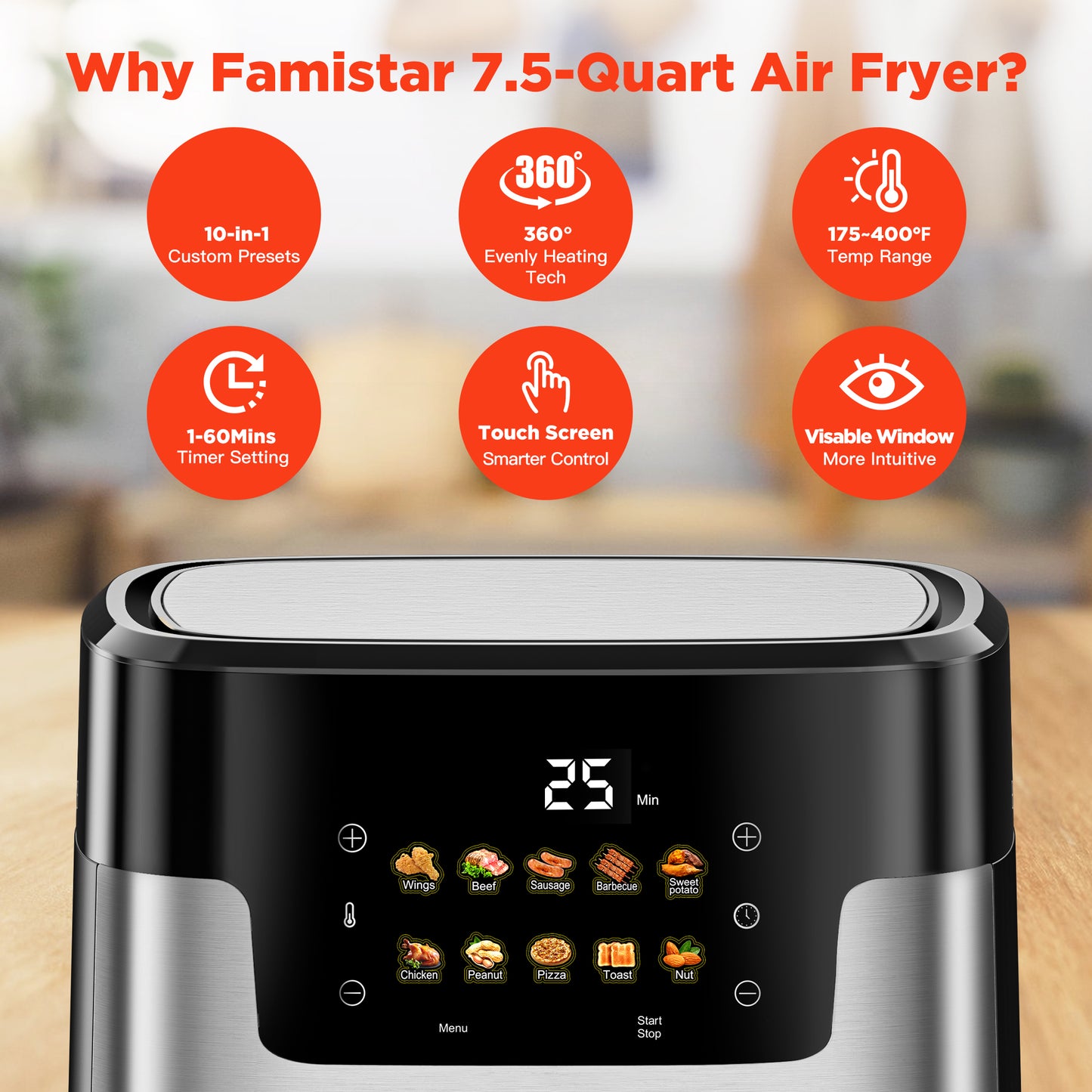 Famistar Smart Air Fryer 7.5QT — 10-in-1 Digital LED Touch Oven with Auto Presets & Dishwasher-Safe Basket | Famistar Official Website | famistar.net