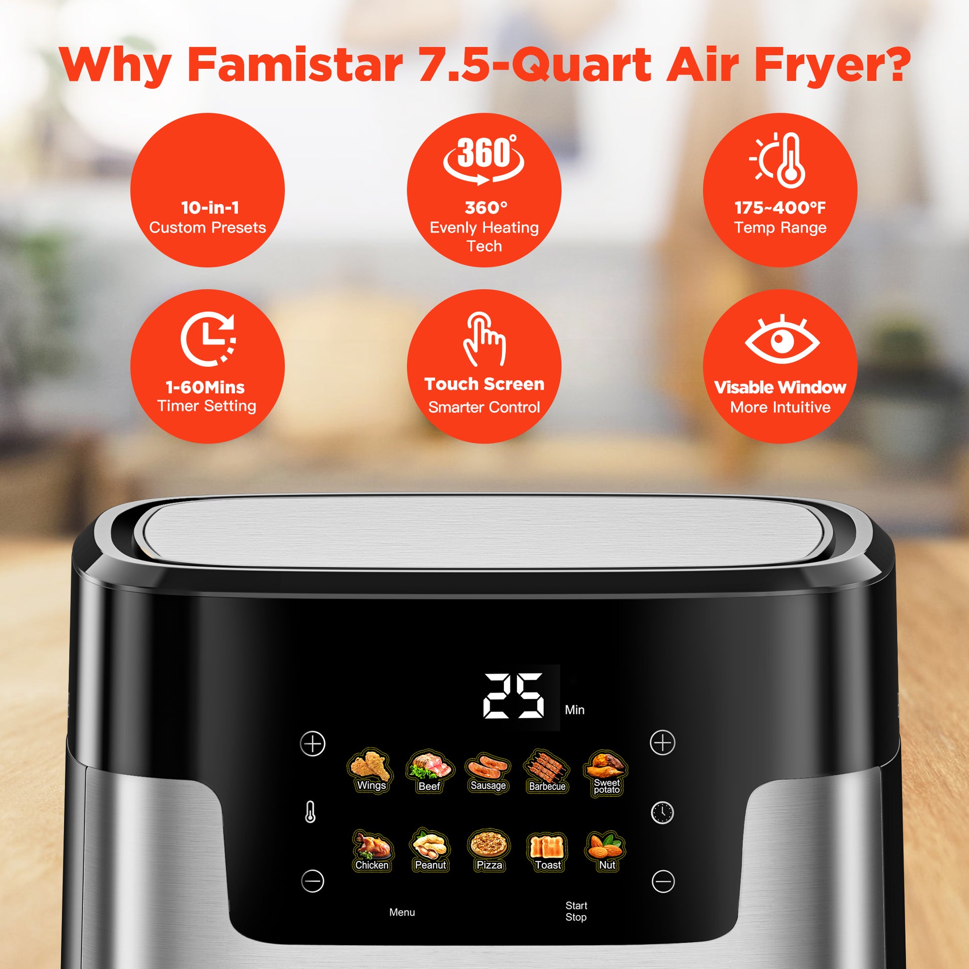 Famistar Smart Air Fryer 7.5QT — 10-in-1 Digital LED Touch Oven with Auto Presets & Dishwasher-Safe Basket | Famistar Official Website | famistar.net