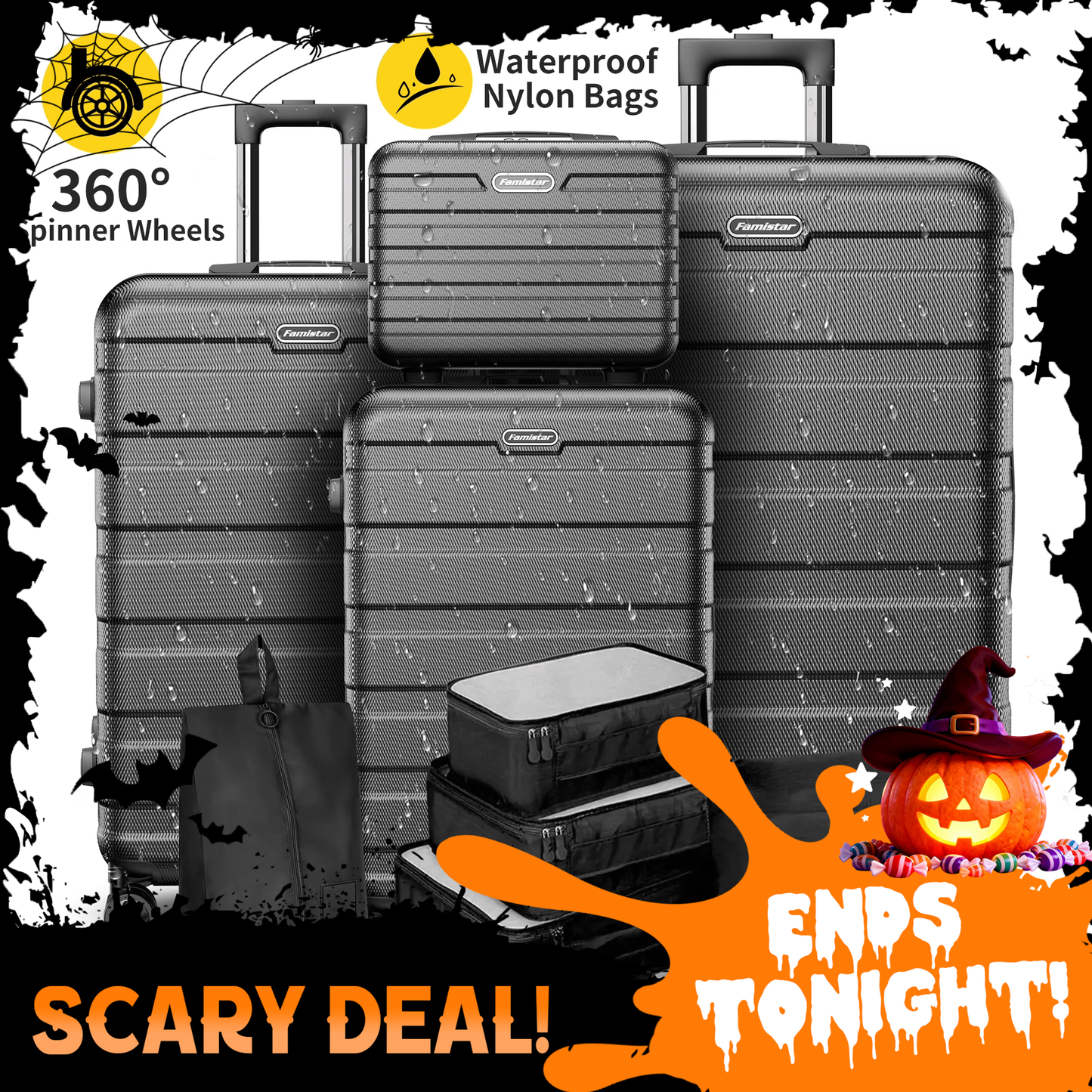 Famistar 11-Piece lightweight ABS hard-case luggage set with spinner wheels and TSA combination lock — 14”, 20”, 24”, 28” sizes — limited time Halloween & 2025 Black Friday discount, perfect gifts for family