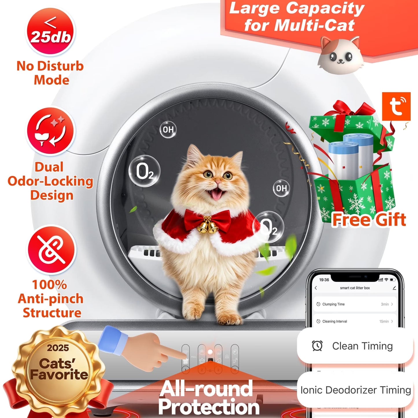 Self Cleaning Cat Litter Box, 65+9L Large Automatic Cat Litter Box with Liner, APP Control and Odor Removal Robot, 2.4G Wifi App Control, Sensor Safety Protection for Multi Cats