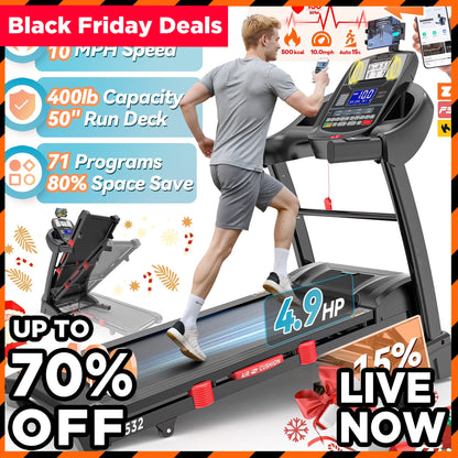 Folding Electric Treadmill for Home Gym – Portable Running Treadmills for Running & Walking Machine with Adjustable Incline, Smart APP Control, 64 Workout Programs, 300 lb Capacity, Bluetooth Speakers, 7.5MPH Speed