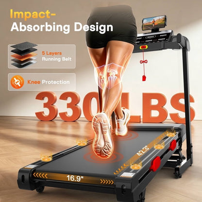 Folding Electric Treadmill for Home, Compact Running Machine with 4HP Motor, Treadmill 300 lb Capacity, Treadmill with 15% Incline, 9MPH, Quiet Brushless Motor, 105 Programs, Space-Saving
