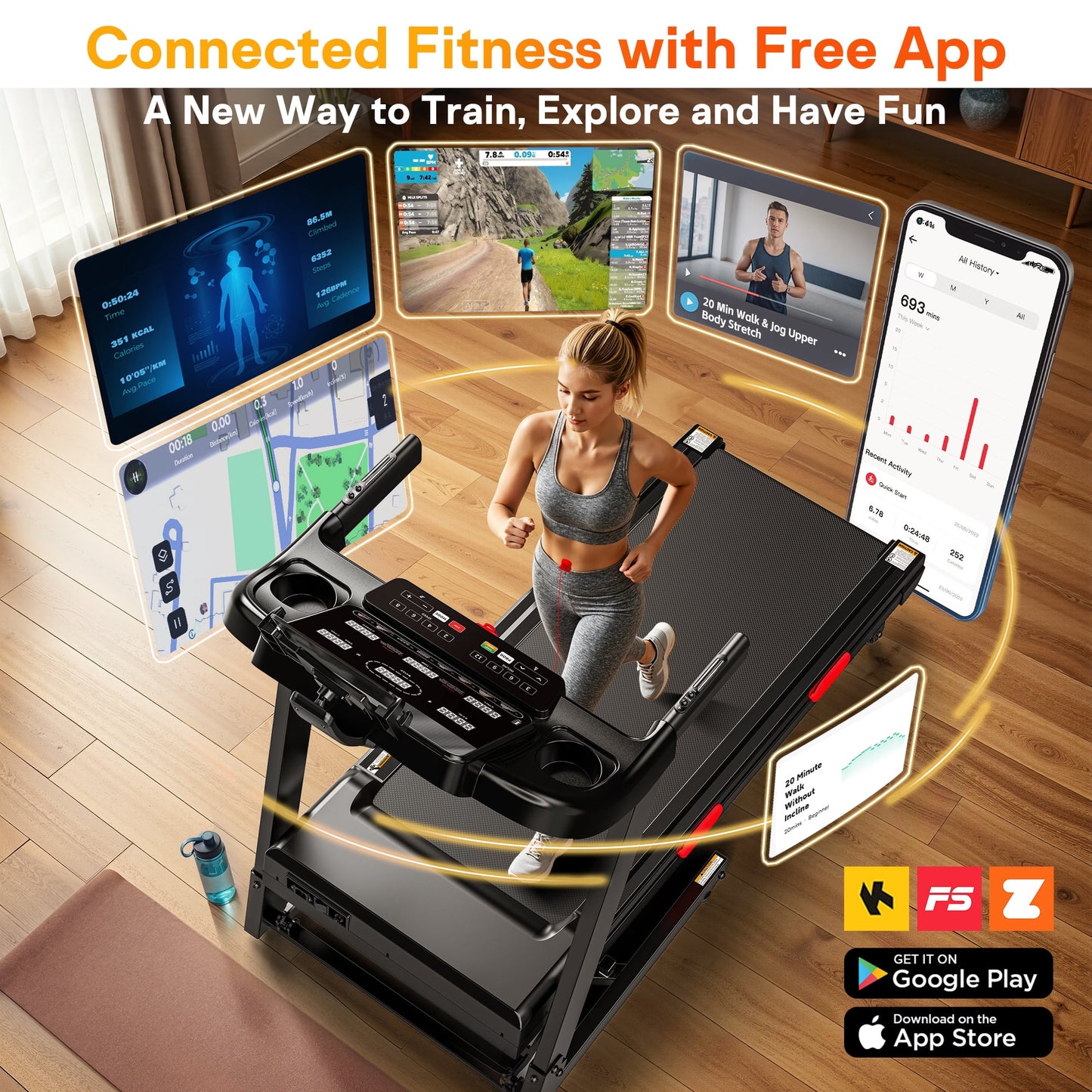 Folding Electric Treadmill for Home, Compact Running Machine with 4HP Motor, Treadmill 300 lb Capacity, Treadmill with 15% Incline, 9MPH, Quiet Brushless Motor, 105 Programs, Space-Saving