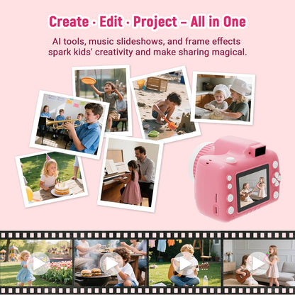 Smart Kids Camera with Projector, 32G Micro SD Card Included – 2.8” Dual Screen, HD Photo & Video, AI Editing, Preloaded Games, 6000mAh Battery, 32GB Card Included