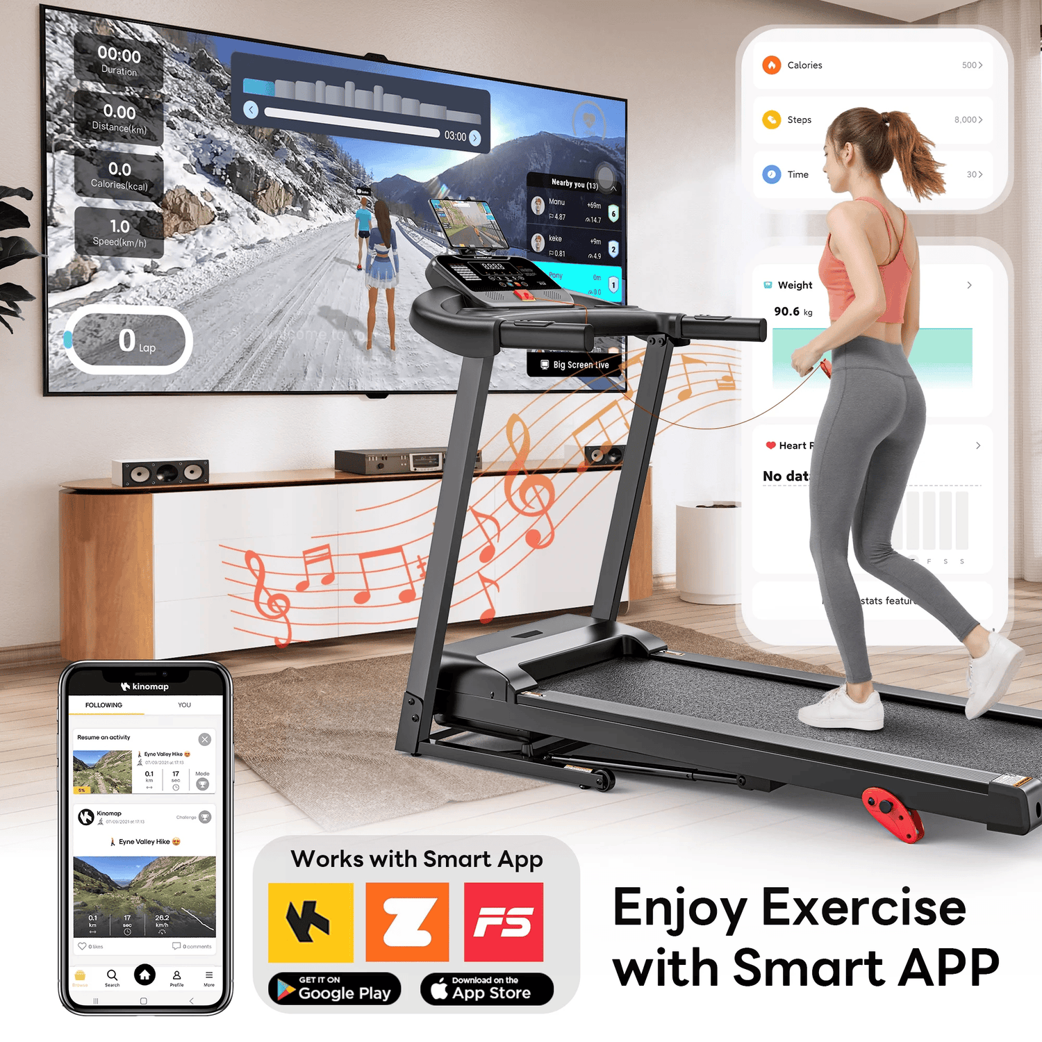 3HP 300lb Capacity Treadmill with 64+3+4 Program, 3 Adjustable Incline, Folding Treadmill for Home Running & Jogging, 10MPH Speed, HiFi Bluetooth Speakers