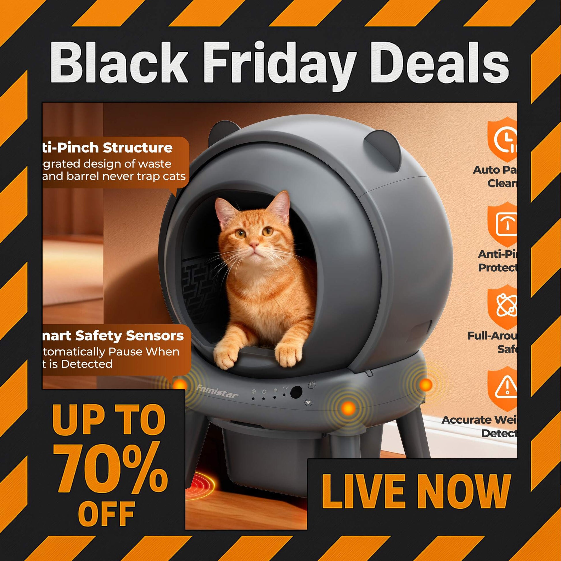 Famistar smart self-cleaning cat litter box — app-controlled, automatic scooping, motion sensors, charcoal design — Black Friday deals.