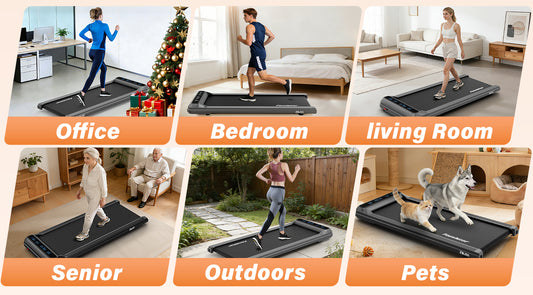 Famistar treadmill used by different personas including a home fitness runner, an office worker walking at a standing desk, a senior user walking for rehabilitation, and a compact apartment user exercising at home.