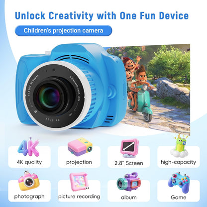 Smart Kids Camera with Projector, 32G Micro SD Card Included – 2.8” Dual Screen, HD Photo & Video, AI Editing, Preloaded Games, 6000mAh Battery, 32GB Card Included