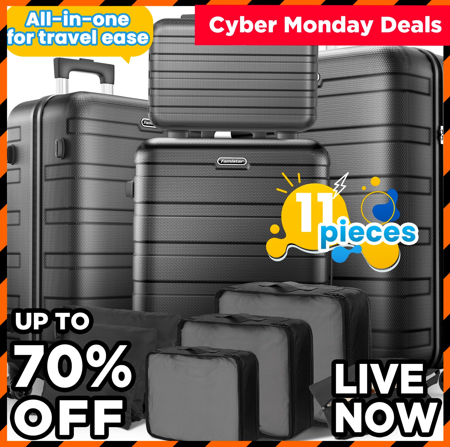 Cyber Monday & Black Friday Deals | Famistar Newest Extended Storage 11-Piece Luggage Set Durable Travel Suitcase Bundle with 360° Wheels & Combination Lock