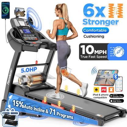 Famistar 5.0HP Smart Folding Treadmill for Home – 15% Auto Incline, 10MPH Speed, Bluetooth Speakers, 300 lbs Capacity, Compact Electric Running Machine with Knee Strap Gift