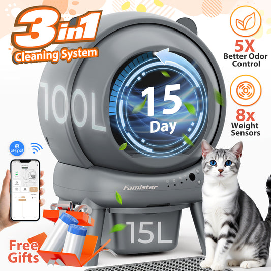 Famistar All-In-One Smart Self-Cleaning Cat Litter Box (100+15L Large), Mat & 2-roll set of Liners included  – Automatic, App-Controlled & Safe for Kittens