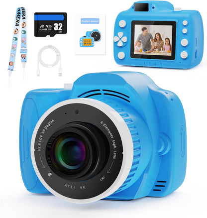 Smart Kids Camera with Projector, 32G Micro SD Card Included – 2.8” Dual Screen, HD Photo & Video, AI Editing, Preloaded Games, 6000mAh Battery, 32GB Card Included