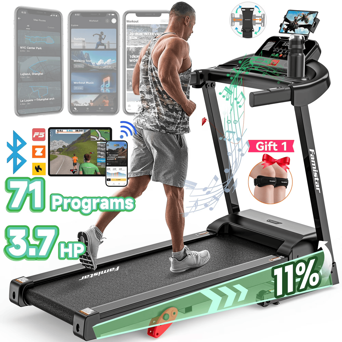 Smart Folding Treadmill for Home – Famistar Portable Electric Running Machine with Adjustable Incline, Bluetooth Speakers, APP Control, 64 Workout Programs, 300 lbs Capacity, Up to 7.5 MPH for Walking, Jogging & Running
