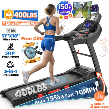5HP Foldable Treadmill with Cooling Fan and Knee Pad, Deisgn for Home w/ 15% Auto Incline, 400lbs Capacity, 10MPH & 64+7 Programs