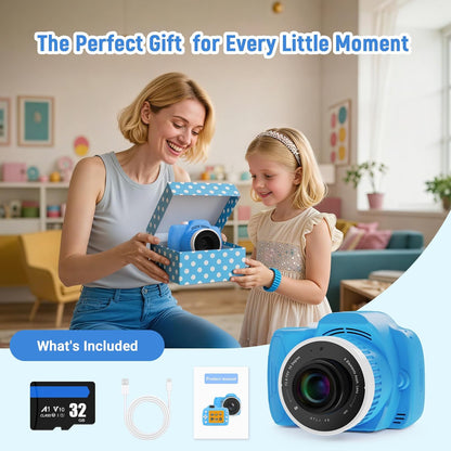 Smart Kids Camera with Projector, 32G Micro SD Card Included – 2.8” Dual Screen, HD Photo & Video, AI Editing, Preloaded Games, 6000mAh Battery, 32GB Card Included