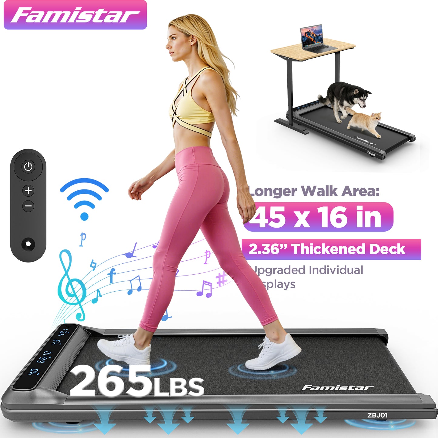 Famistar Walking Pad 2-in-1 Under Desk Treadmill, Portable Slimline Treadmill Walking Jogging Machine for Home Office, Quiet Brushless Motor, Remote Control