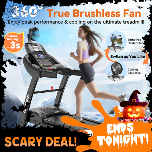 Famistar T532 smart folding treadmill bundle with cooling fan and knee strap, 2025 perfect gift for Halloween & Black Friday with special discount offer