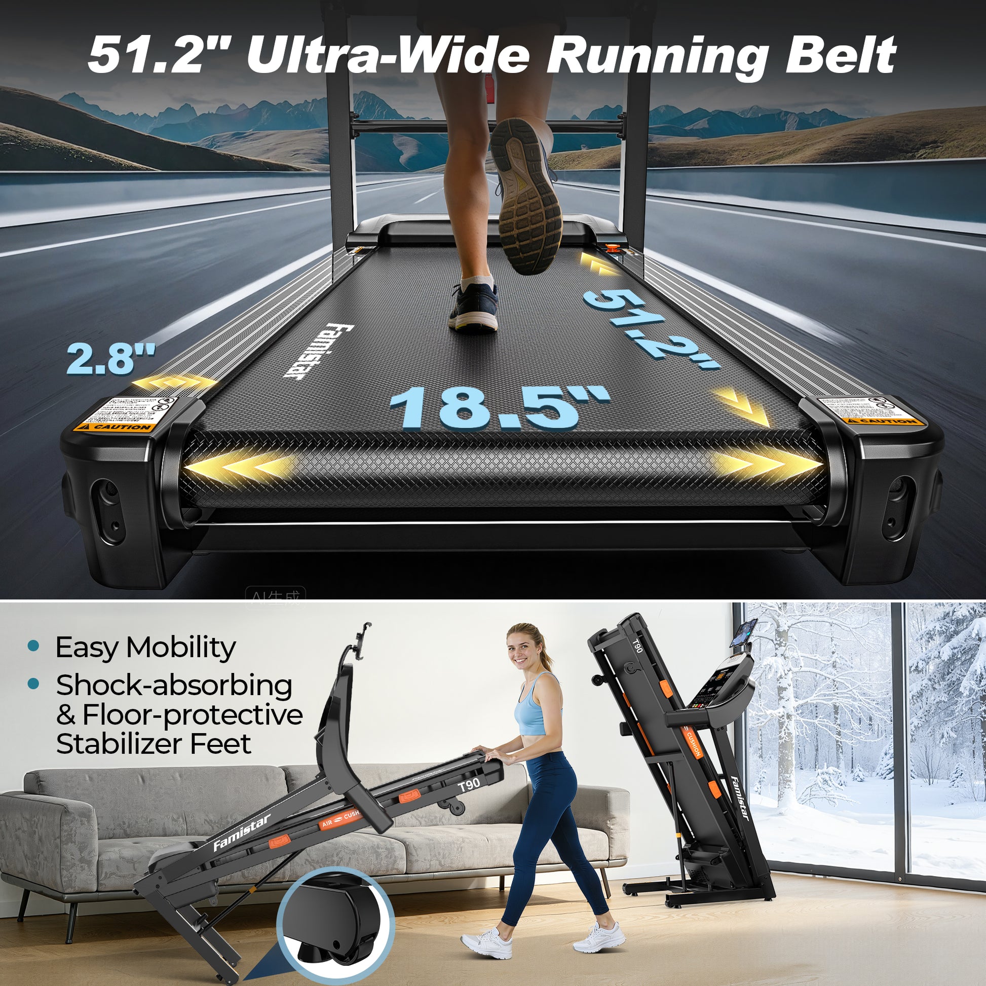 Famistar T90 | 2026 Latest Treadmill for Home Use | All-In-One Electric Treadmill with 20% Auto Incline, LCD monitor, Smart Compact Foldable Running Machine